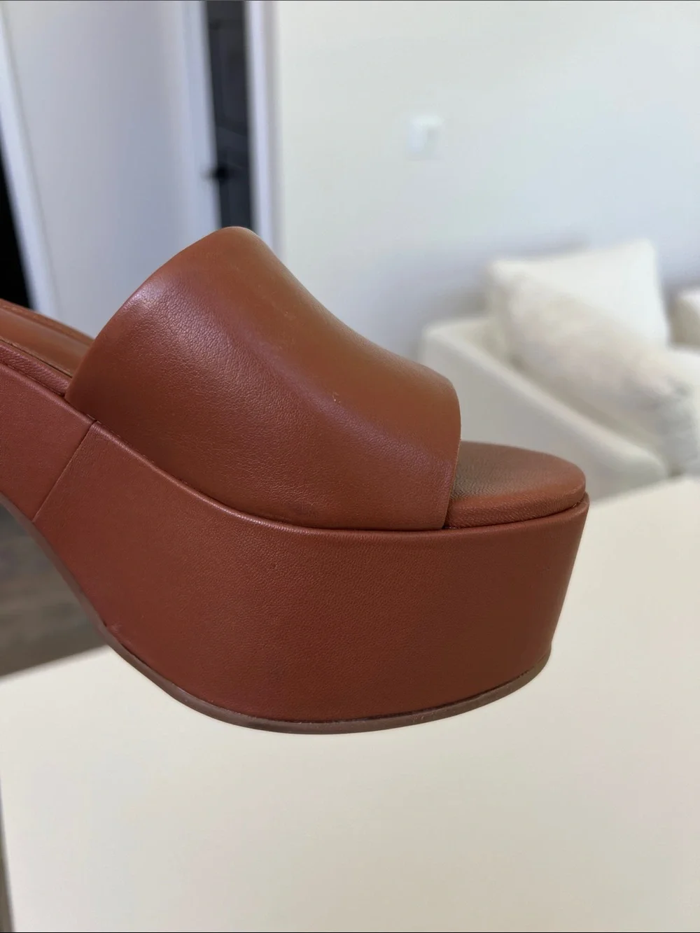 Larroude miso caramel tan brown open toe platform sandals heels 7